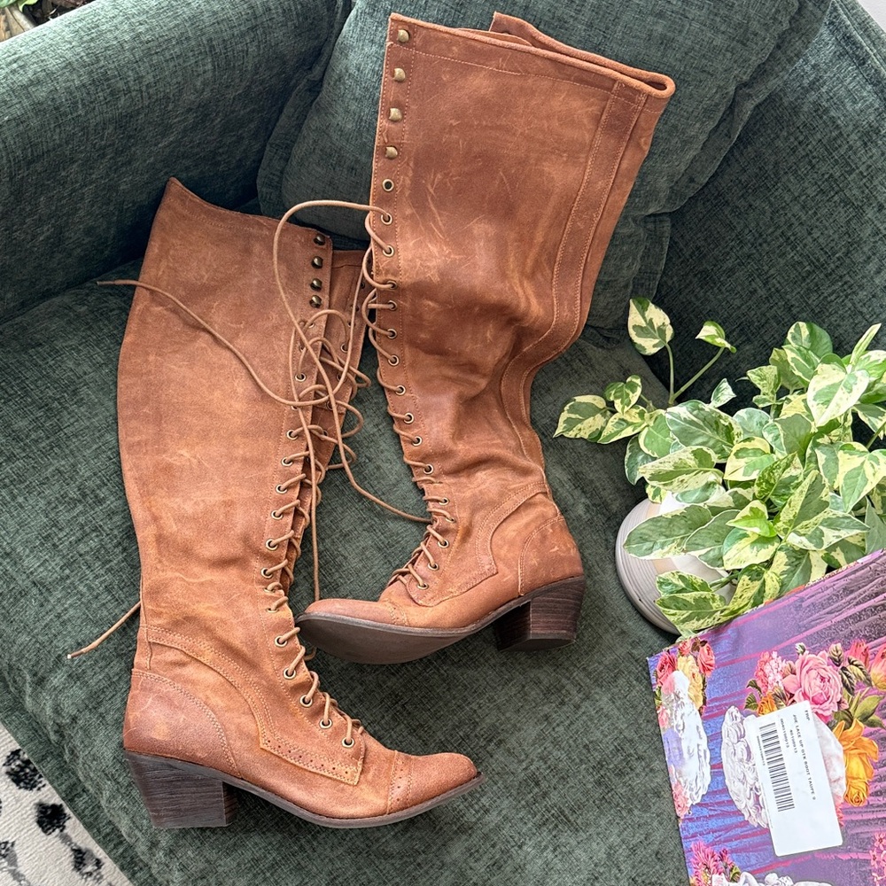 Never Worn Jeffrey Campbell Joe Tan Lace-Up Knee-High Boots
